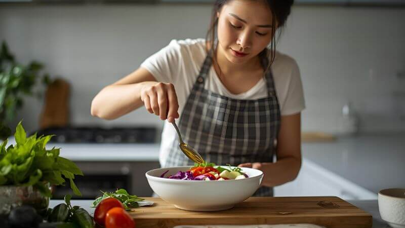 Hands preparing a fresh plant-based salad in a bright modern kitchen