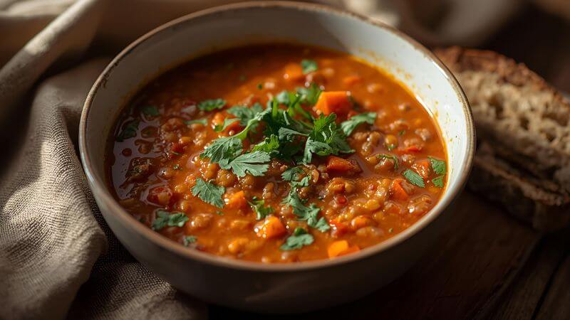 Vegan lentil soup with herbs and whole-grain bread on a wooden table