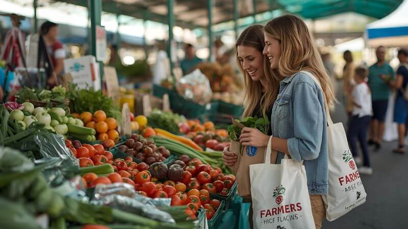 Shoppers choosing fresh vegetables at a local farmers’ market with reusable bags