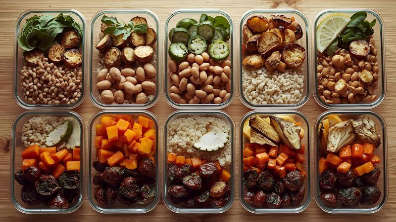 Organized plant-based meal prep containers on a wooden counter