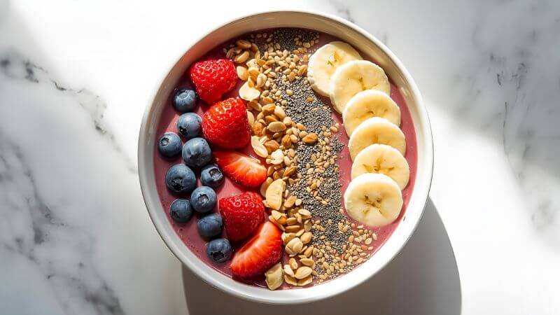A colorful plant-based smoothie bowl with berries, banana, chia seeds, and nuts; bright natural light, clean minimal background.